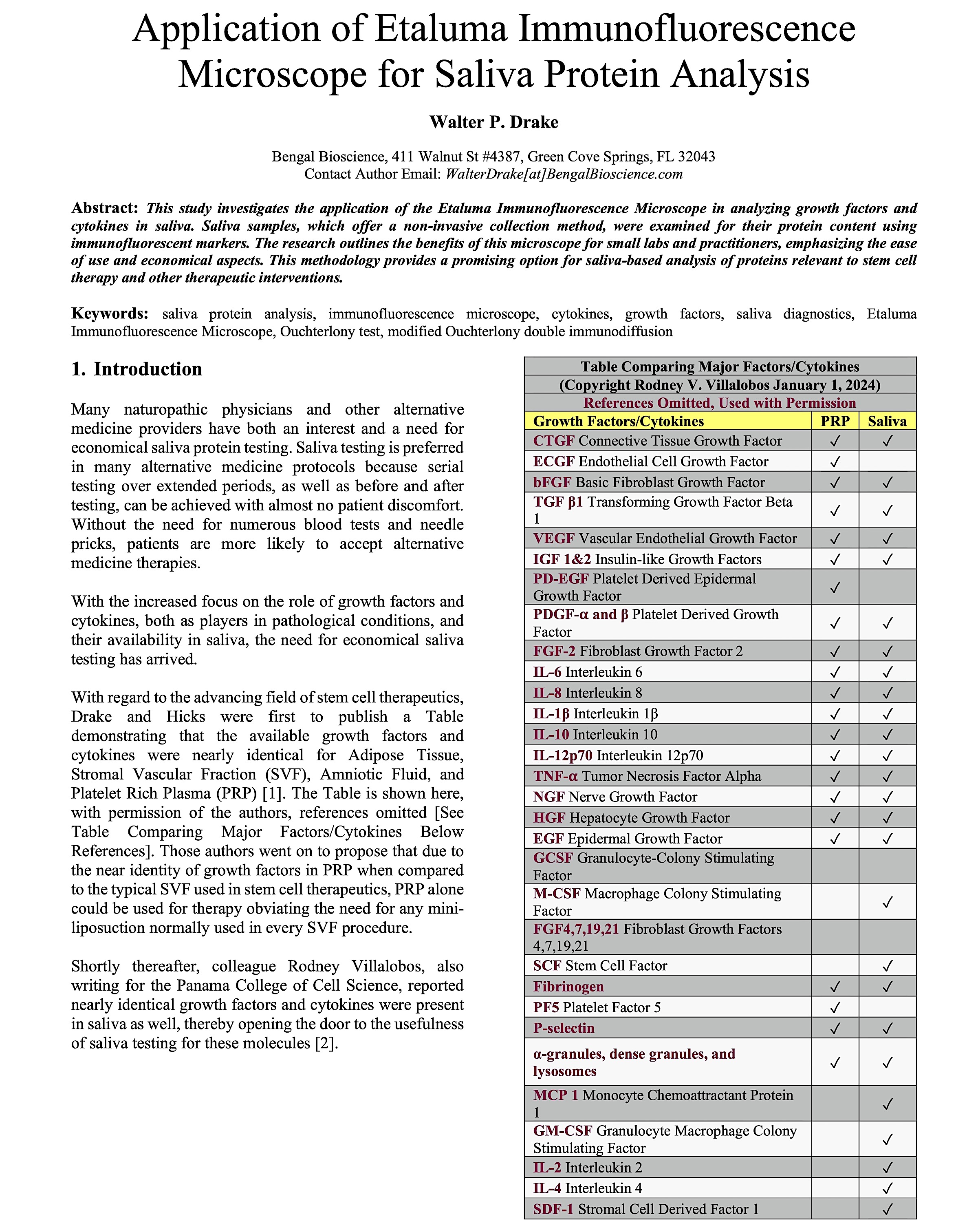 Use of Etaluma Immunofluorescence Microscope In Saliva Protein Analysis Walter P. Drake Bengal Bioscience, 411 Walnut St #4387, Green Cove Springs, FL 32043 Contact Author: WalterDrake@BengalBioscience.com Abstract: The Author reports the use of Etaluma Immunofluorescence Microscope in the saliva protein analysis of growth factors and cytokines. Most of the identified Human Growth Factors and Cytokines found in plasma and various stem cell therapeutic sources are also found in saliva, making saliva a preferred sample for testing. Being non-invasive, saliva samples can be taken serially over time with high patient willingness and compliance. The Etaluma Immunofluorescence Microscope offers a pathway to saliva testing in an office setting and also useful for small laboratories. Keywords: Saliva tests, Etaluma Immunofluorescence Microscope, human saliva growth factors, human saliva cytokines, Ouchterlony test, modified Ouchterlony double immunodiffusion, saliva test in office setting